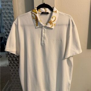 Versace White Polo with Gold Baroque Collar Accent